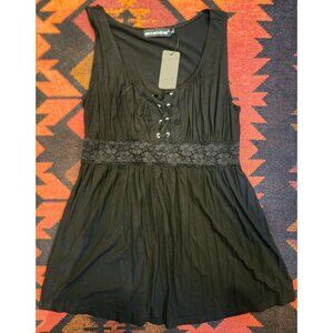 NEW Mooncolour Women's Goth, Peasant Black Lace-Up Waist Lace Detail Top XL